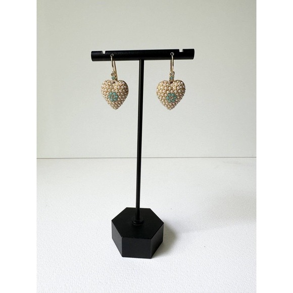 Linda Levinson SIGNED Heart Drop Gold Faux Pearl Turquoise Crystal Pave Earrings - Picture 5 of 16